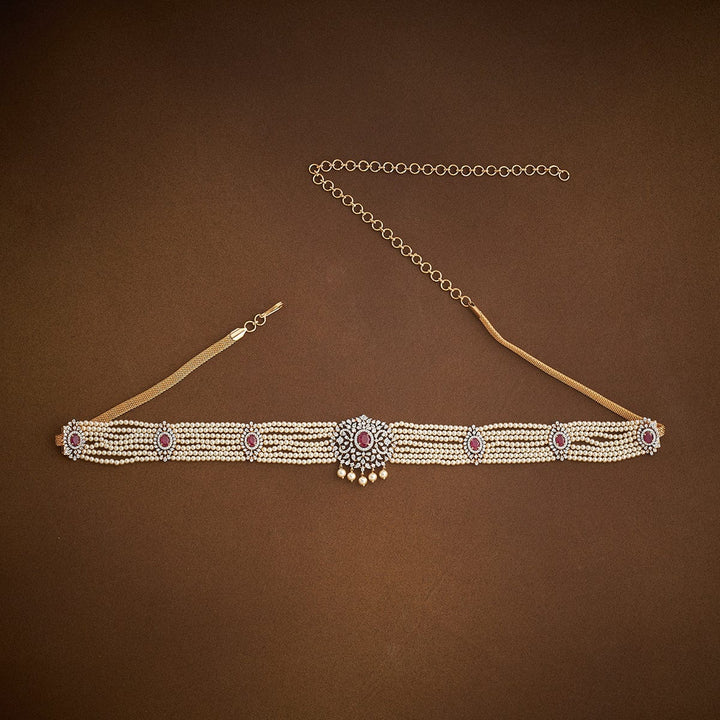 White Multistrand Pearls with Zircon Waist Belt and Green Stone Details
