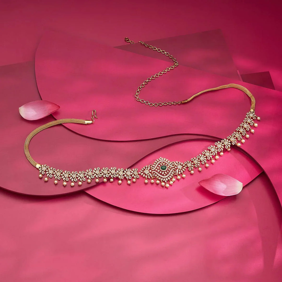 Zircon Stone Waist Belt with Dangling Pearls and Green Stone