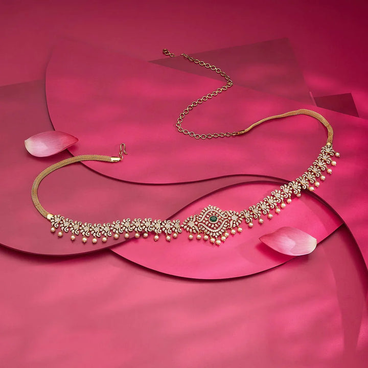 Zircon Stone Waist Belt with Dangling Pearls and Green Stone