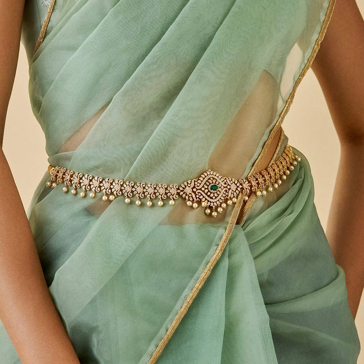 Zircon Stone Waist Belt with Dangling Pearls and Green Stone