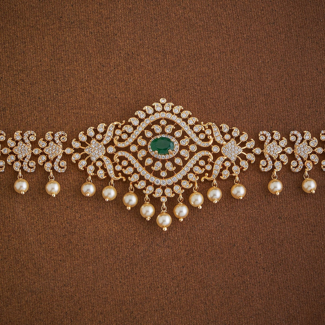 Zircon Stone Waist Belt with Dangling Pearls and Green Stone