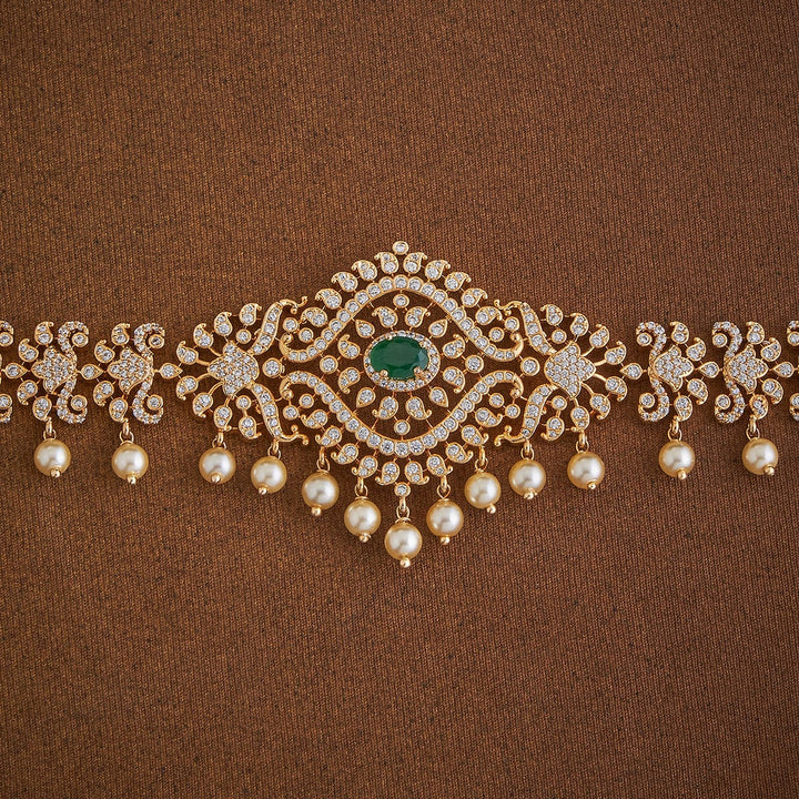 Zircon Stone Waist Belt with Dangling Pearls and Green Stone