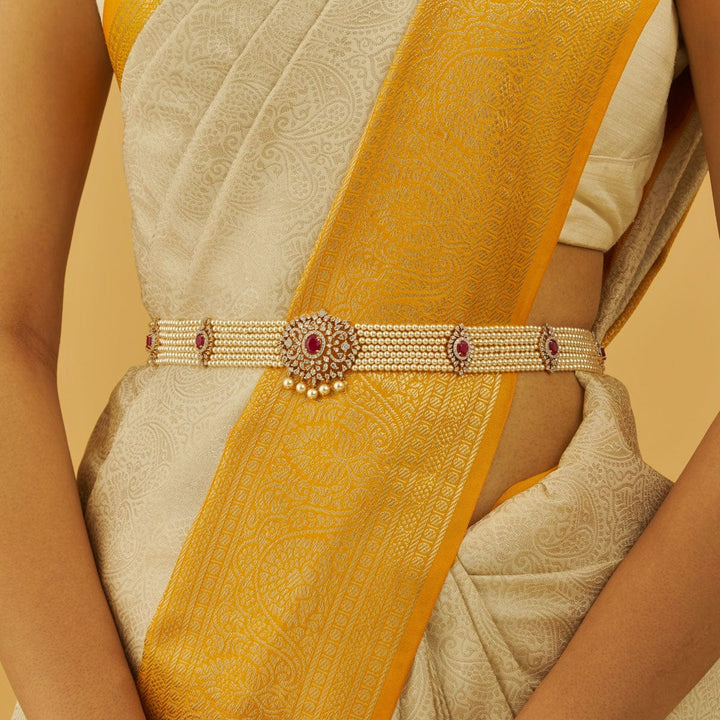 White Multistrand Pearls with Zircon Waist Belt and Green Stone Details