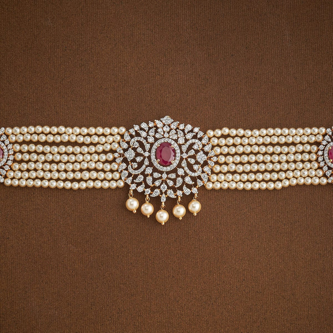 White Multistrand Pearls with Zircon Waist Belt and Green Stone Details