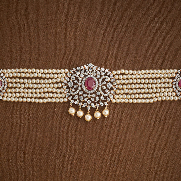 White Multistrand Pearls with Zircon Waist Belt and Green Stone Details