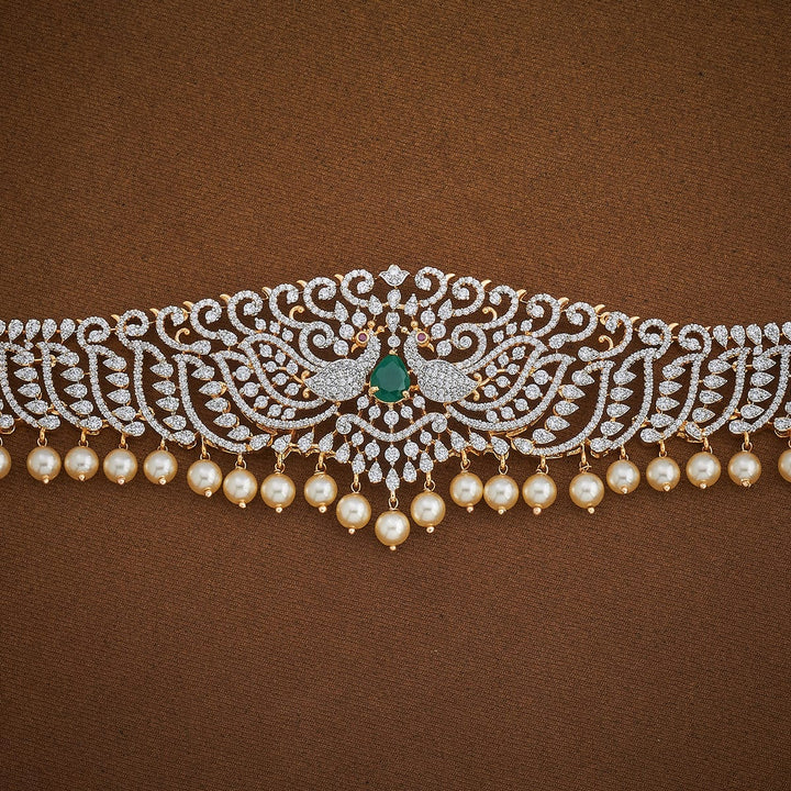 Twin Peacock Zircon Waist Belt and Pearls Detailing and Green Stone