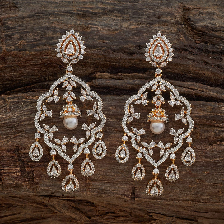 Rodium-Gold Tone polished Ornate Zircon and Pearl Dangle Earrings
