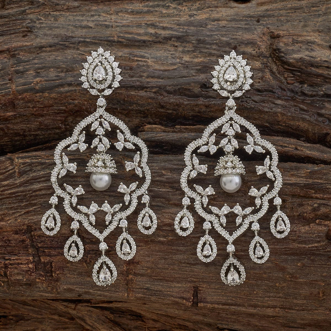 Rodium-Gold Tone polished Ornate Zircon and Pearl Dangle Earrings