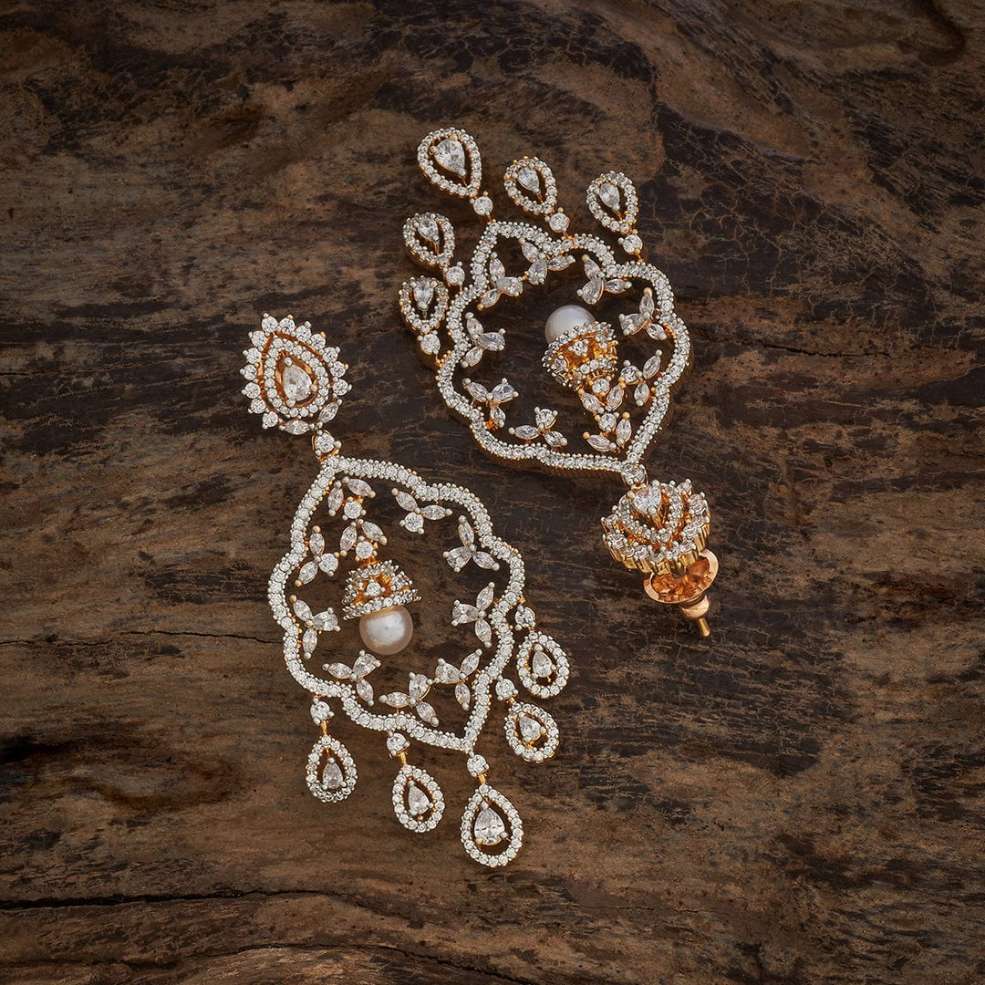 Rodium-Gold Tone polished Ornate Zircon and Pearl Dangle Earrings