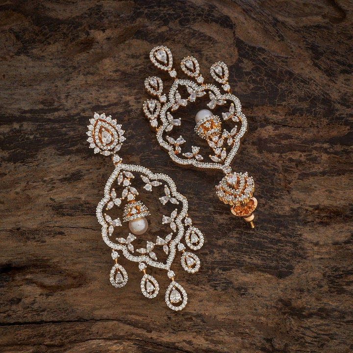 Rodium-Gold Tone polished Ornate Zircon and Pearl Dangle Earrings
