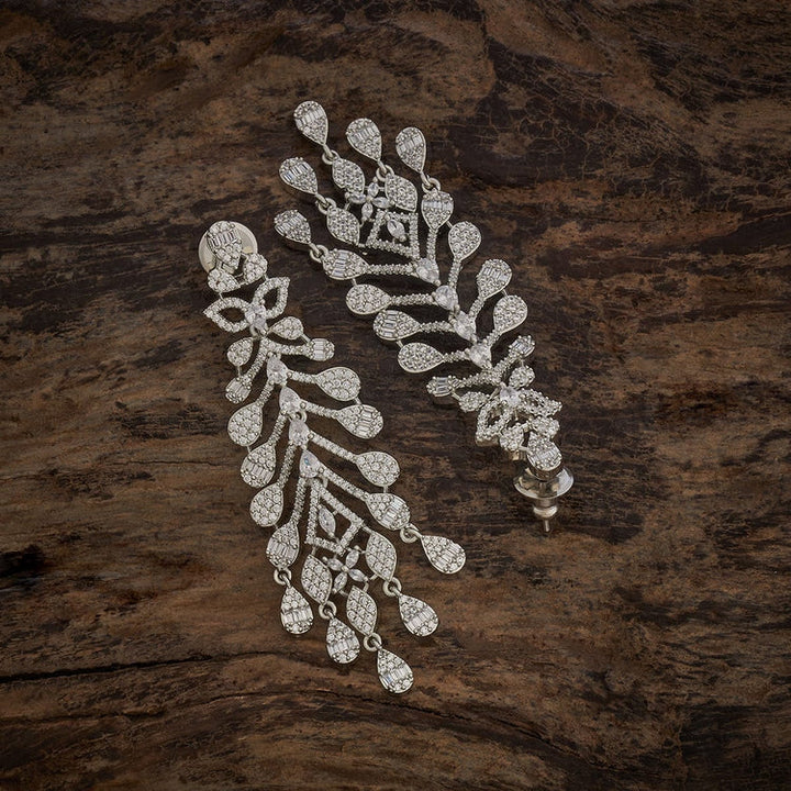 White Rhodium Long Zircon Earrings With Dangling Drops Design