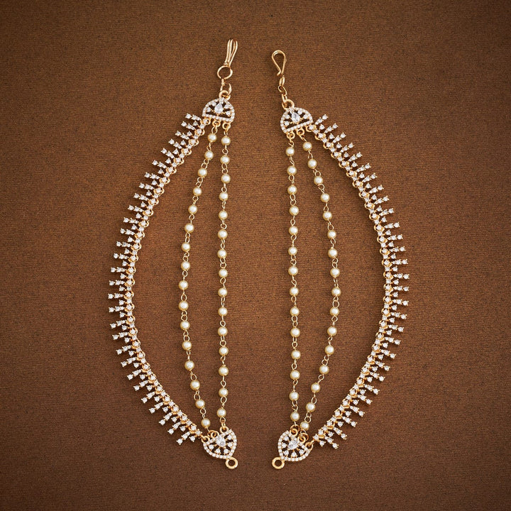 Beautiful Gold-Plated Ornate Matil with Sparkling Zircons and Double Pearl Strands