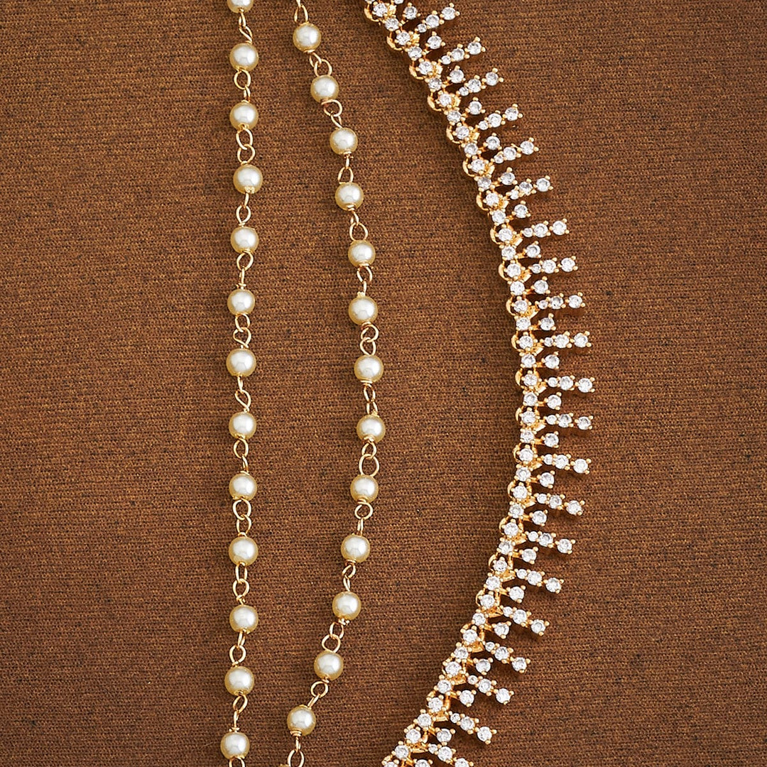 Beautiful Gold-Plated Ornate Matil with Sparkling Zircons and Double Pearl Strands