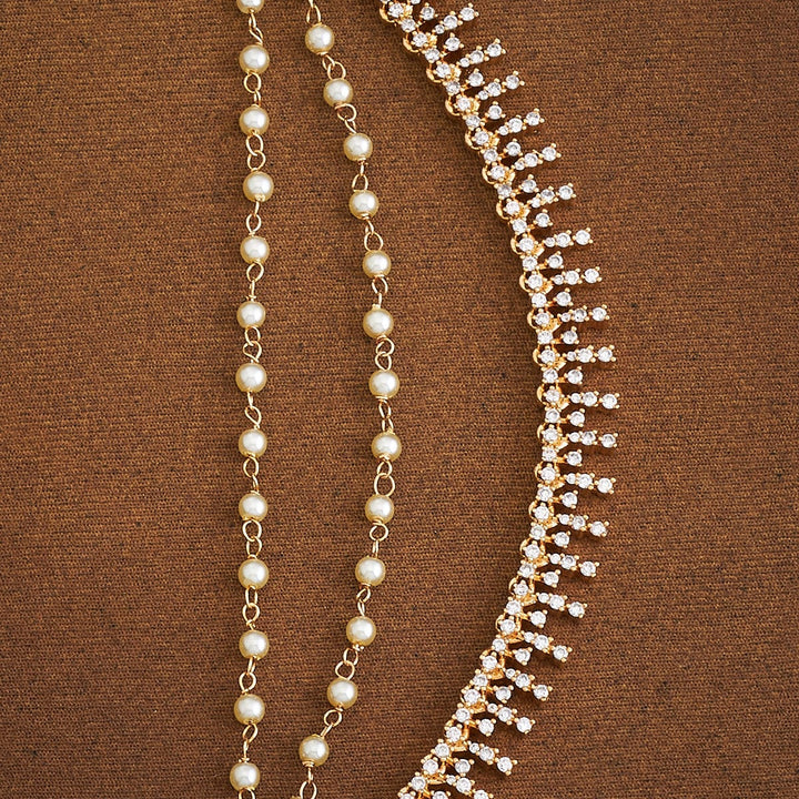 Beautiful Gold-Plated Ornate Matil with Sparkling Zircons and Double Pearl Strands