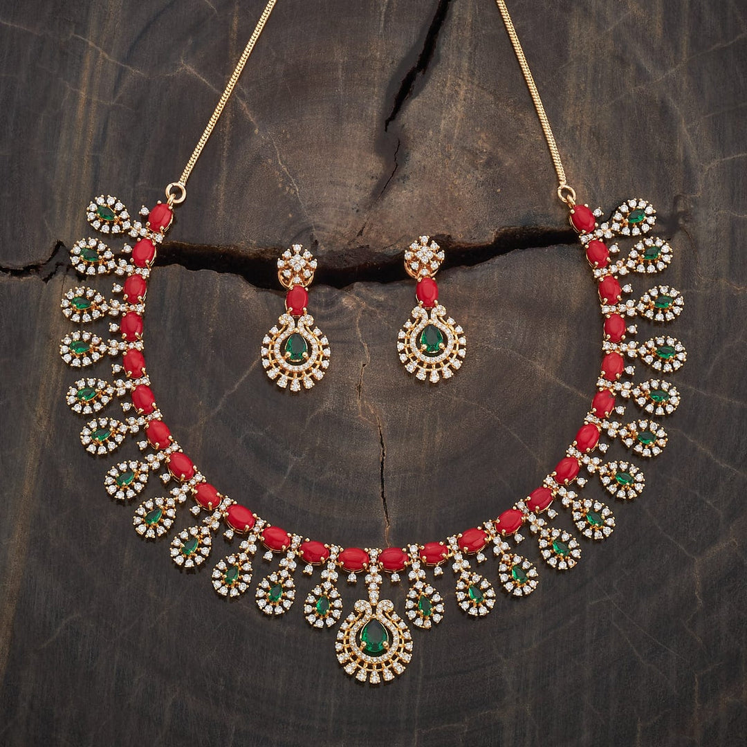 Copper Alloy Zircon stone Short Necklace set with push back hanging earrings