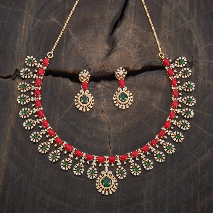 Copper Alloy Zircon stone Short Necklace set with push back hanging earrings