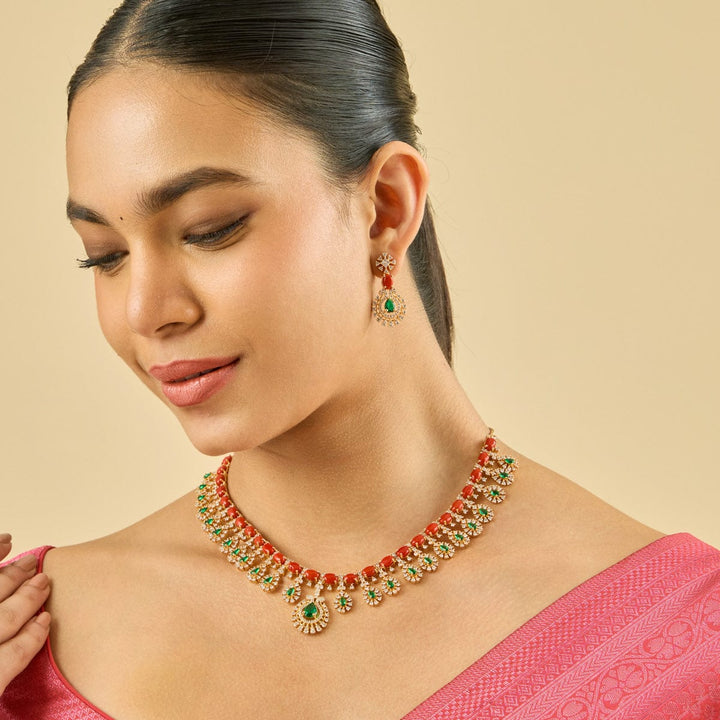 Copper Alloy Zircon stone Short Necklace set with push back hanging earrings