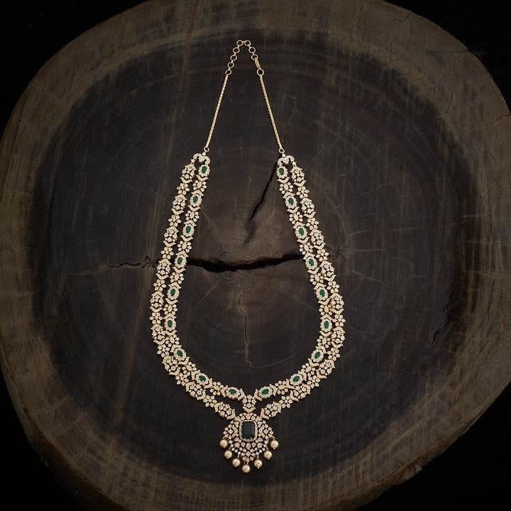 Gold-Plated Cubic Zirconia Studded Layered Long Necklace with Green Stone and Dangling Pearls