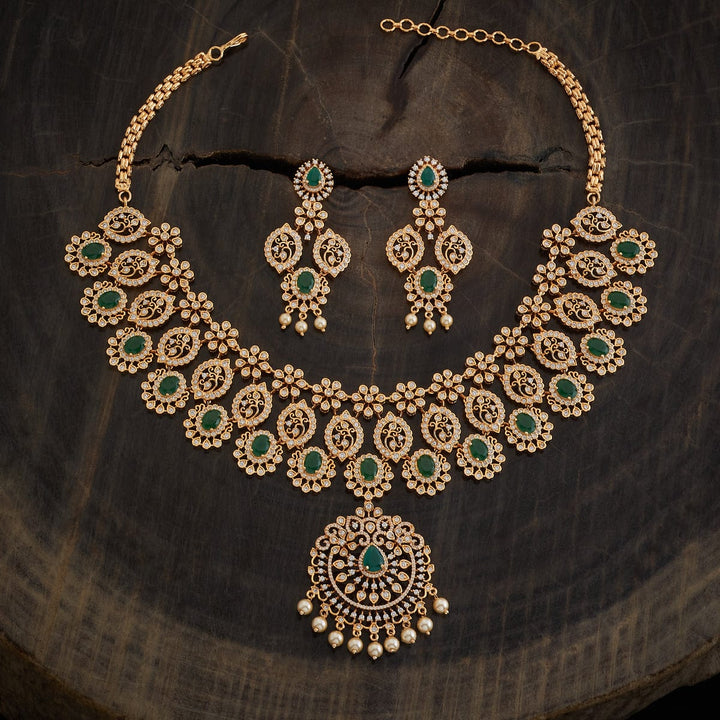 Traditional Green Stone and CZ Gold Plated Floral Motifs Necklace with Earrings