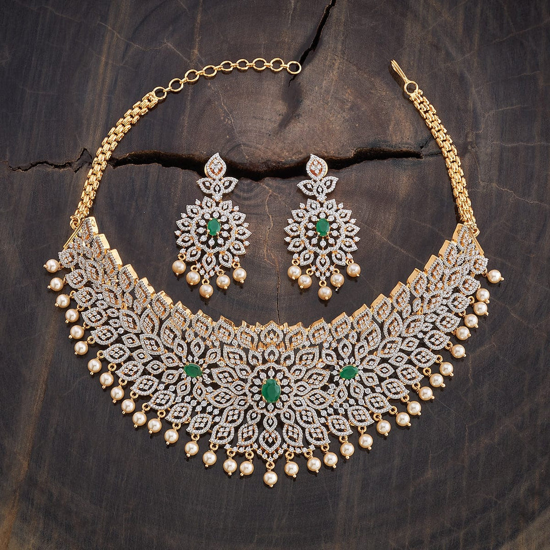 Beautiful Cubic Zirconia Stone-Studded Floral Design Necklace Set with Green stone and Drops Pearls