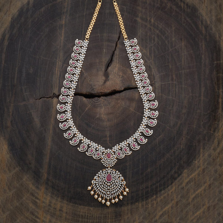Rodium-Gold-Plated Zircon Long Necklace (Haram) with Mango Design Motifs and Dangling Pearls