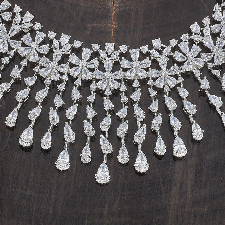 Rodium-Plated Zircon Floral Design Necklace with Matching Earrings