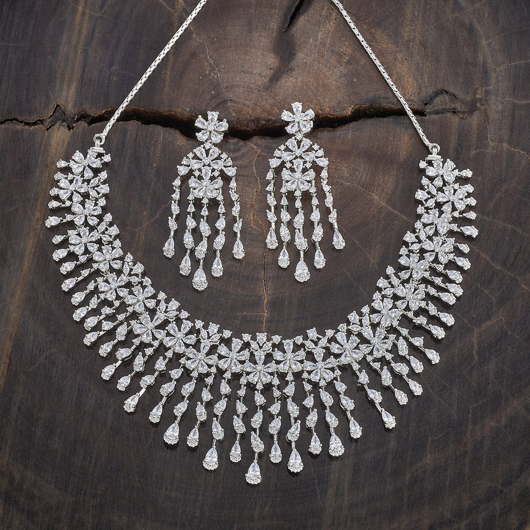 Rodium-Plated Zircon Floral Design Necklace with Matching Earrings