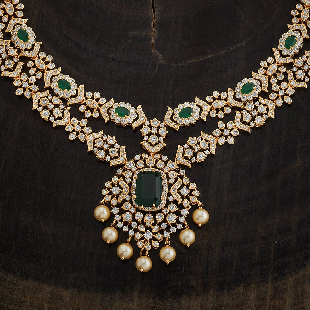 Gold-Plated Cubic Zirconia Studded Layered Long Necklace with Green Stone and Dangling Pearls