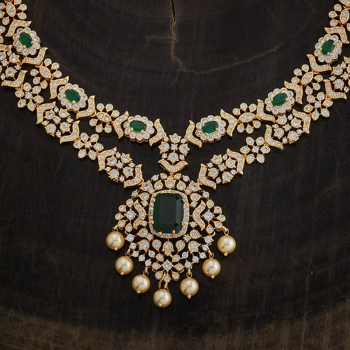 Gold-Plated Cubic Zirconia Studded Layered Long Necklace with Green Stone and Dangling Pearls