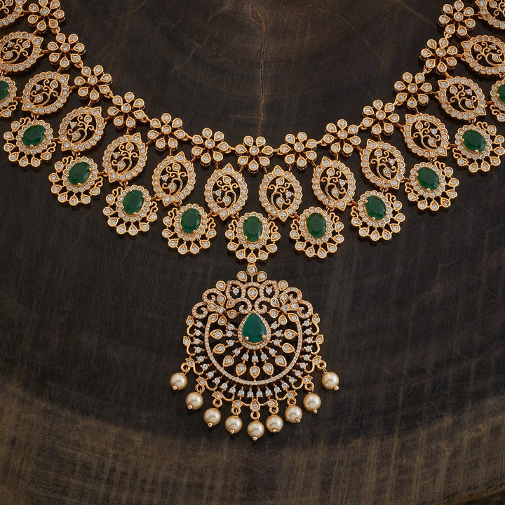 Traditional Green Stone and CZ Gold Plated Floral Motifs Necklace with Earrings