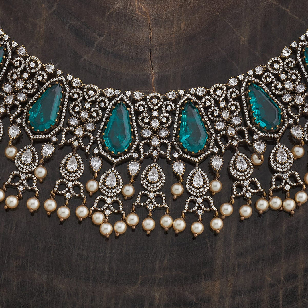 Victorian Inspired Zircon Necklace Set with Green Stone and Dangling Pearls