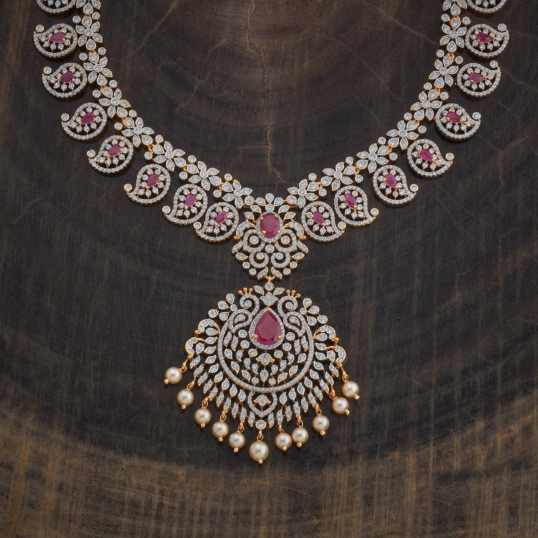 Rodium-Gold-Plated Zircon Long Necklace (Haram) with Mango Design Motifs and Dangling Pearls