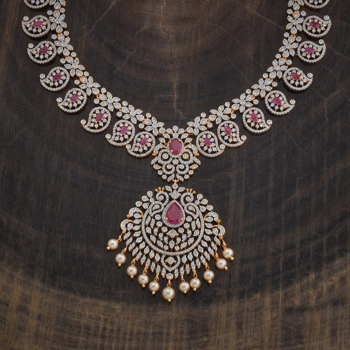 Rodium-Gold-Plated Zircon Long Necklace (Haram) with Mango Design Motifs and Dangling Pearls