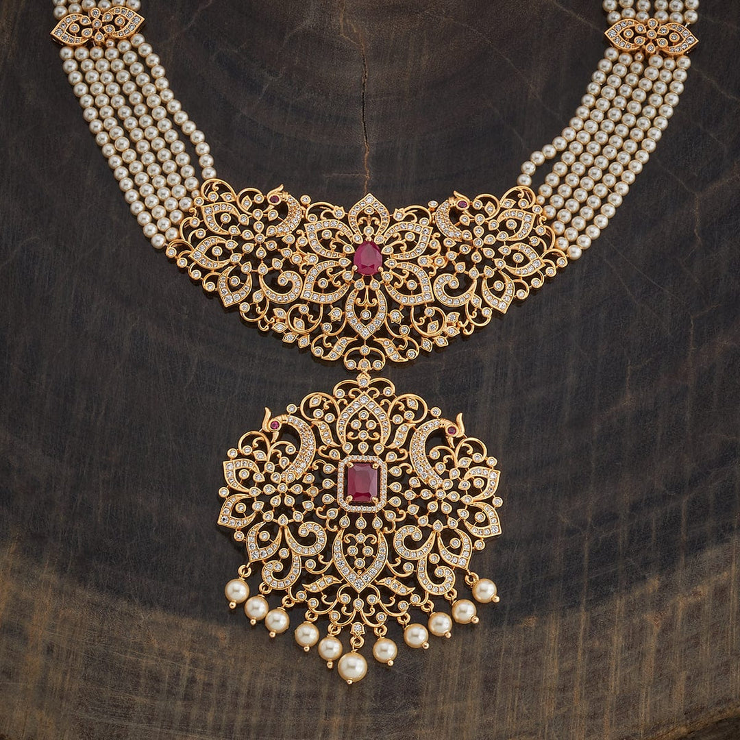 Multistrand Pearls Necklace and CZ Floral Pendant and Dangling Pearls