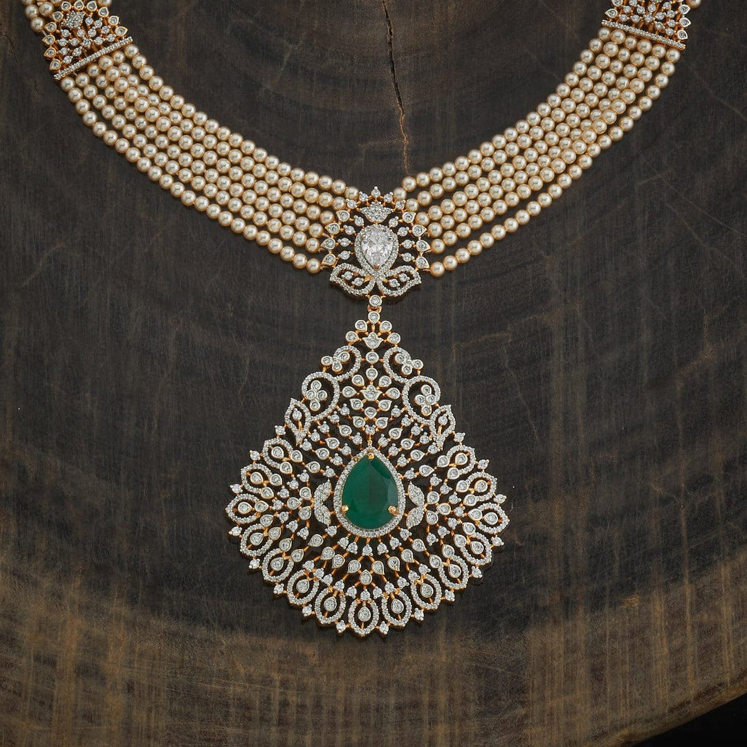Multistrand Pearls Necklace and CZ Pendant and Ruby Stone