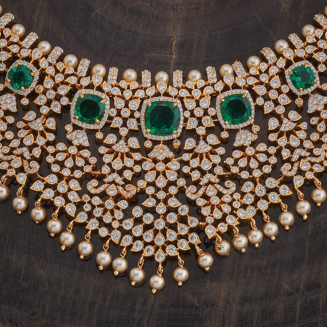 Gold Plated Cubic Zirconia Stone-Studded Necklace Set with Green stone and Dangling Pearls