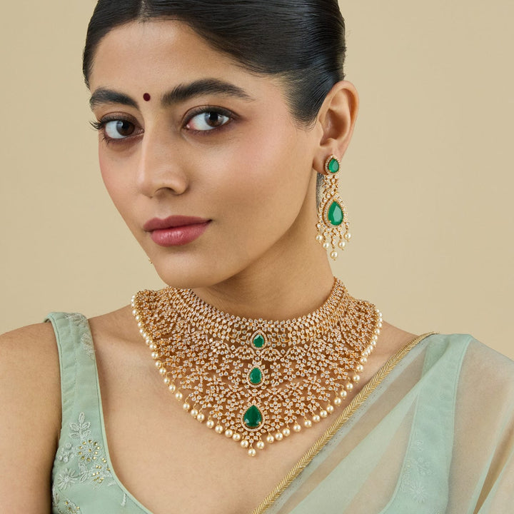 Gold Plated Cubic Zirconia Stone-Studded Floral Necklace Set with Green stone and Dangling Pearls