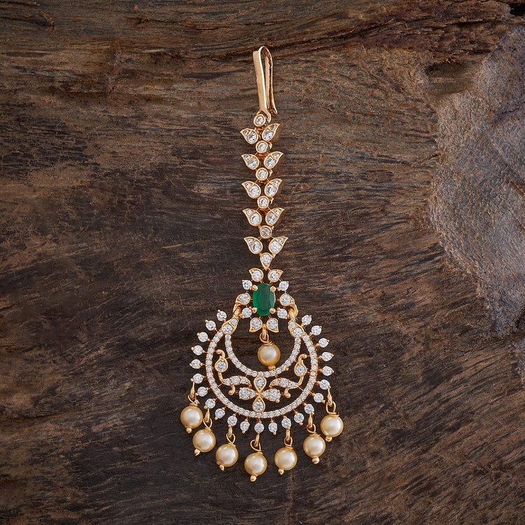 Flower Motif Handcrafted gold-polished Tikka embellished with synthetic stones and beads in Green