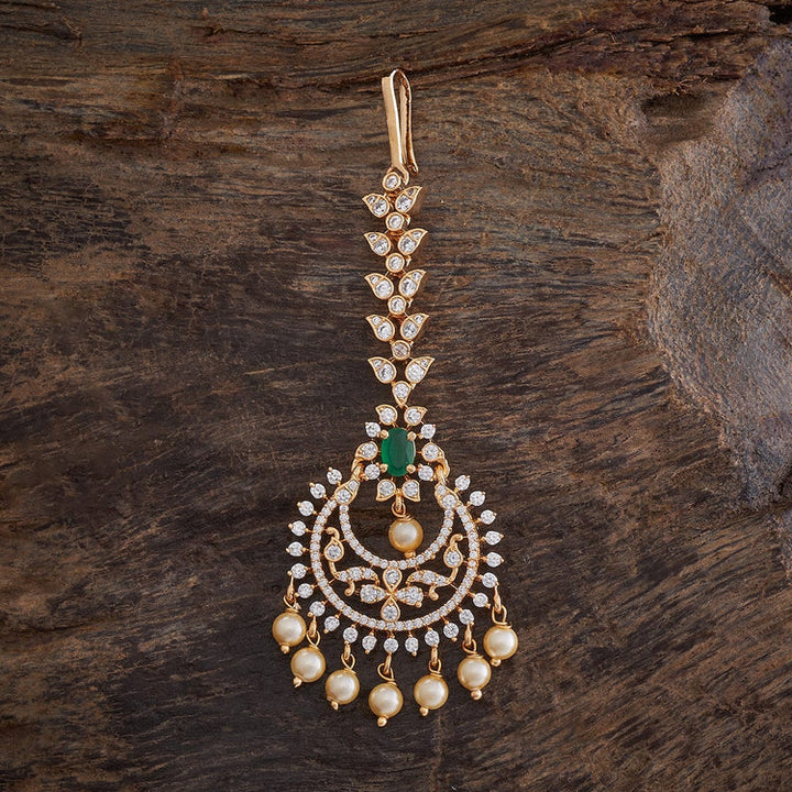 Flower Motif Handcrafted gold-polished Tikka embellished with synthetic stones and beads in Green
