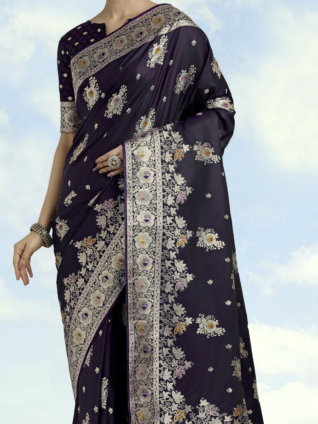 Dark Purple Zari Woven Banarasi Satin Silk Saree | SHOBITAM