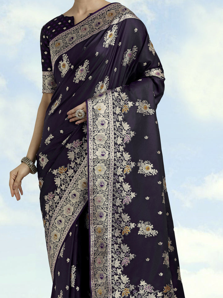 Dark Purple Zari Woven Banarasi Satin Silk Saree | SHOBITAM