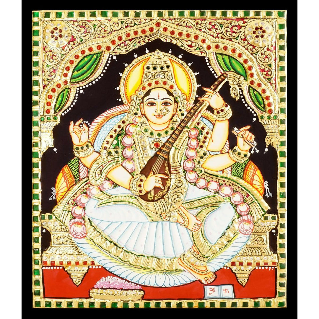 12*15 Authentic TANJORE PAINTING SARASWATHI With 22 Ct gold Foil and Jaipur Gemstones,Unframed | SHOBITAM