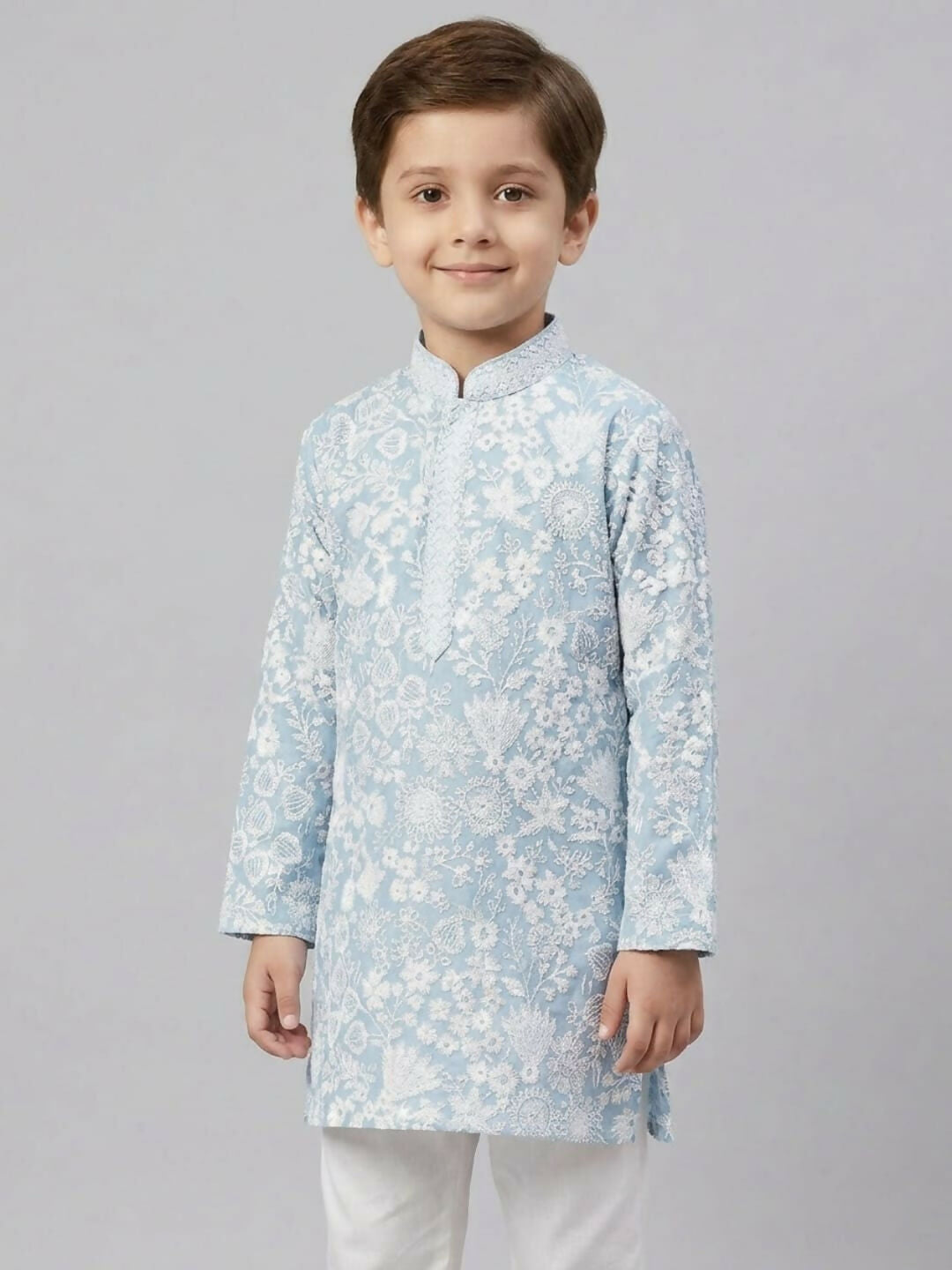 Boys Embroidered Blue Ethnic Wear Kurta Pajama Set | SHOBITAM