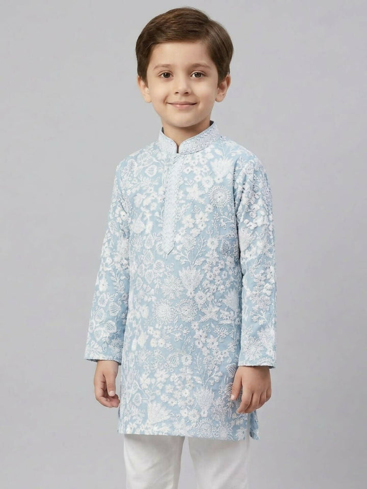 Boys Embroidered Blue Ethnic Wear Kurta Pajama Set | SHOBITAM