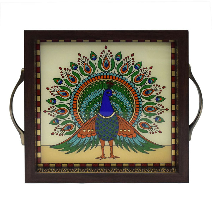 2*11*9 GLASS PAINTING TRAY PEACOCK ,Unframed | SHOBITAM