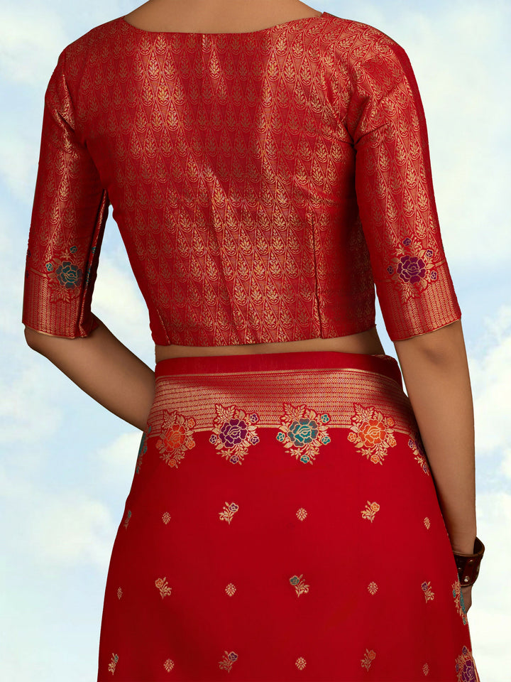 Red Semi Banarasi Silk Blend Saree With Zari Woven Work | SHOBITAM