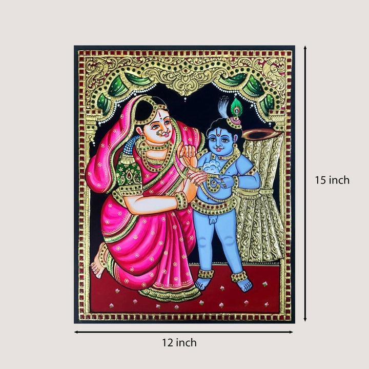 12*15 TANJORE PAINTING Yashoda with Krishna Authentic With 22 Ct Gold Foil and Jaipur Gemstones,Unframed |SHOBITAM
