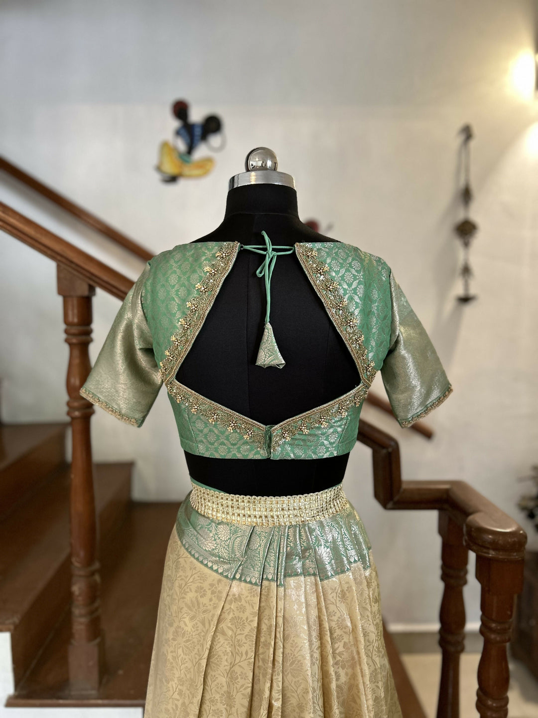 Sage Green Blouse with Champagne Gold Jacquard Skirt | SHOBITAM