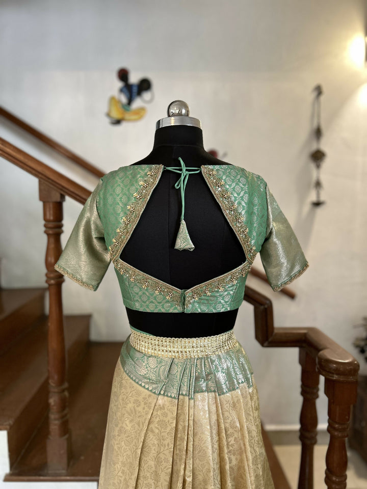 Sage Green Blouse with Champagne Gold Jacquard Skirt | SHOBITAM
