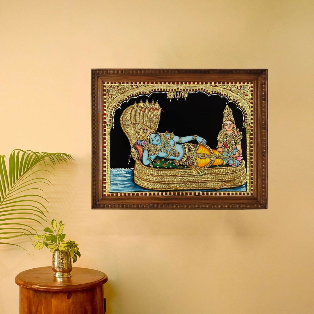 14*18 TANJORE PAINTING RANGANATHA SWAMY WITH LAKSHMI and Authentic With 22 Ct Gold Foil and Jaipur Gemstones,Unframed | SHOBITAM